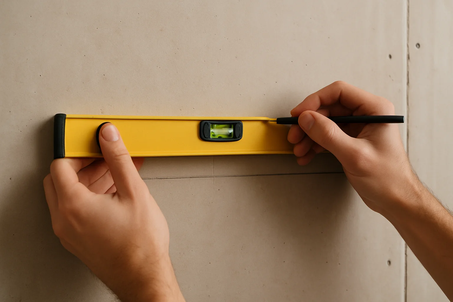 Une main tient un niveau à bulle contre un mur en placo pendant qu’une autre trace un repère au crayon pour l’axe de pose de l’étagère.
