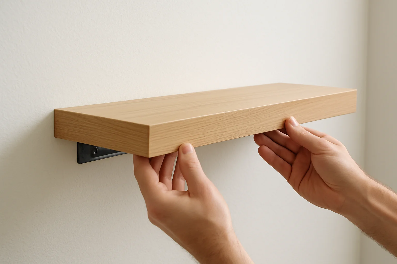 Une étagère invisible est emboîtée sur son support métallique fixé dans un mur en placo, avec un ajustement manuel de l’alignement.