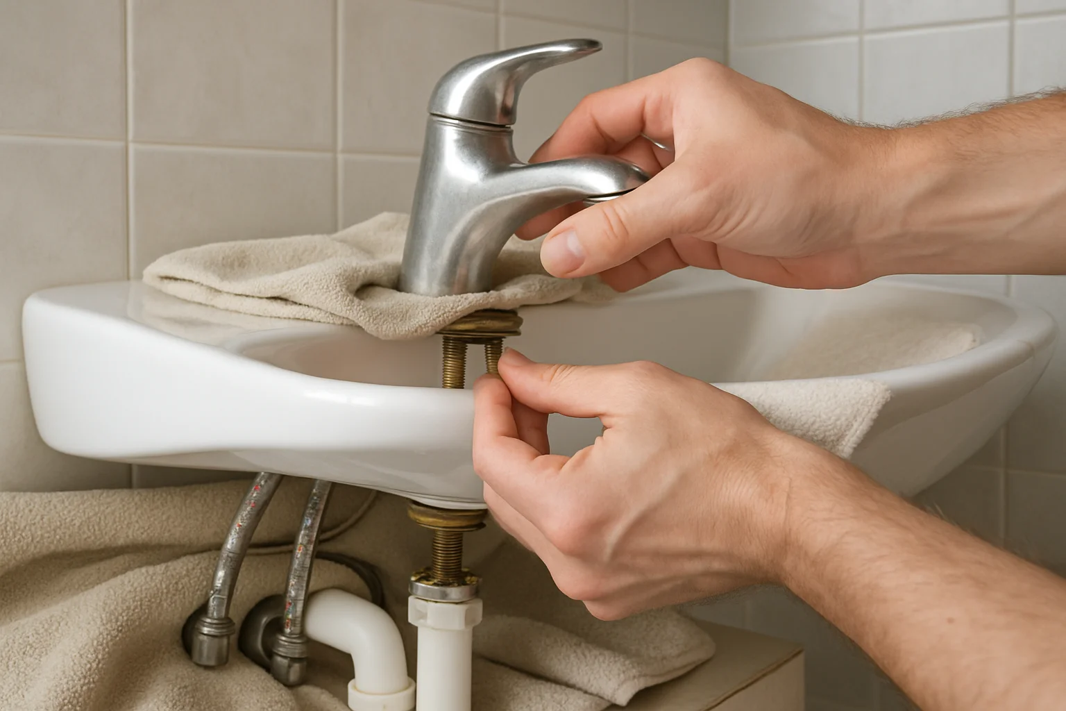 Dépose soigneuse d’un ancien robinet mitigeur de lavabo, avec protections sur le lavabo et la faïence pendant que des mains desserrent la fixation.