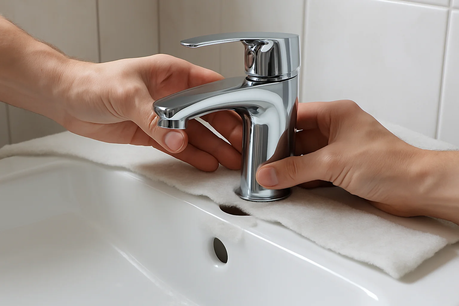Pose d’un nouveau robinet mitigeur chromé dans le trou du lavabo, avec protections autour pour éviter les rayures sur la céramique.