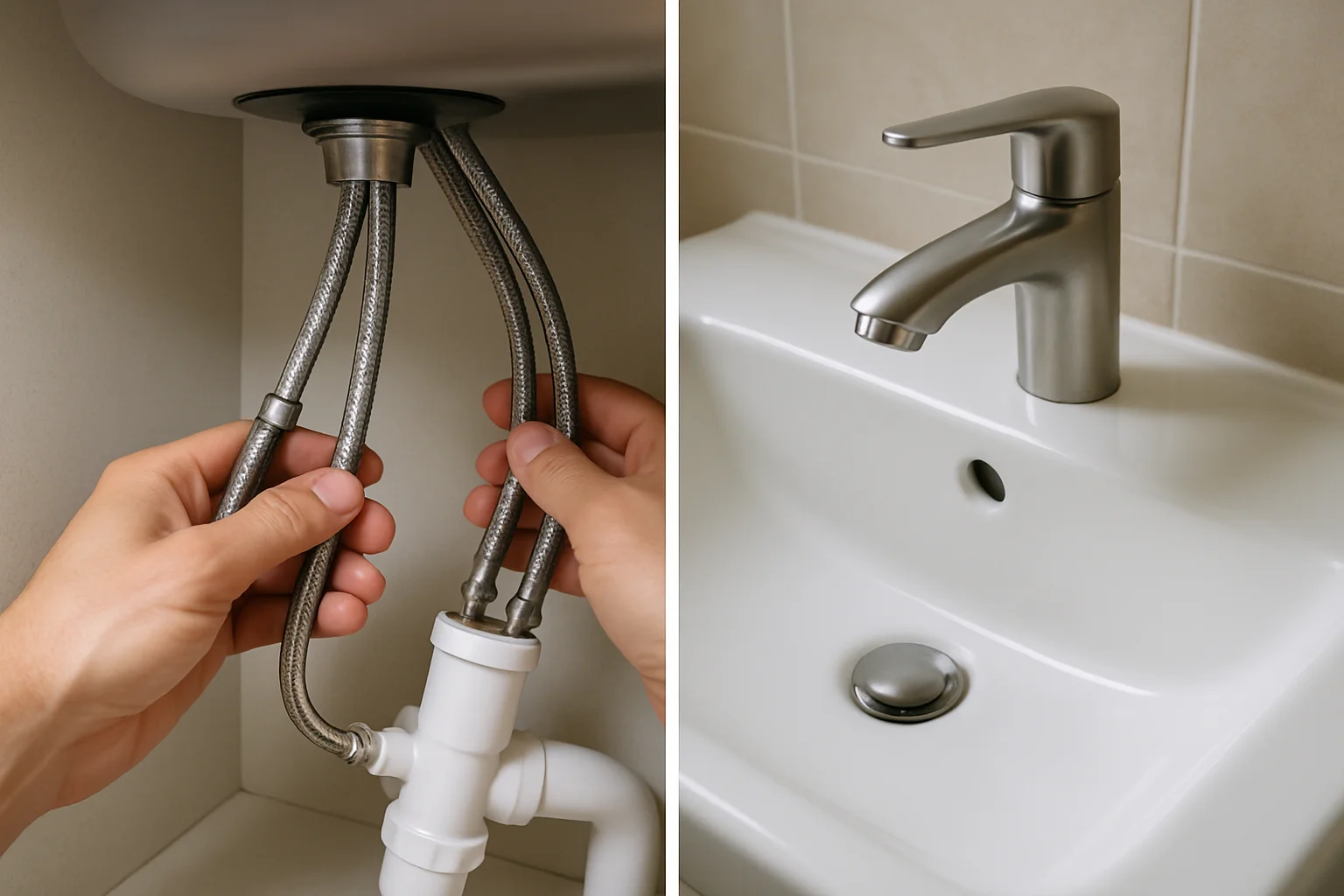 Contrôle de l’étanchéité après remise en eau, avec vérification des flexibles sous le lavabo et du robinet installé au-dessus.