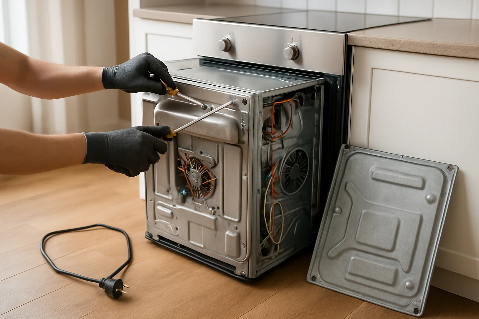 Un four encastrable est légèrement sorti de son meuble, câble d’alimentation débranché visible, tandis que des mains gantées retirent le panneau arrière avec un tournevis.