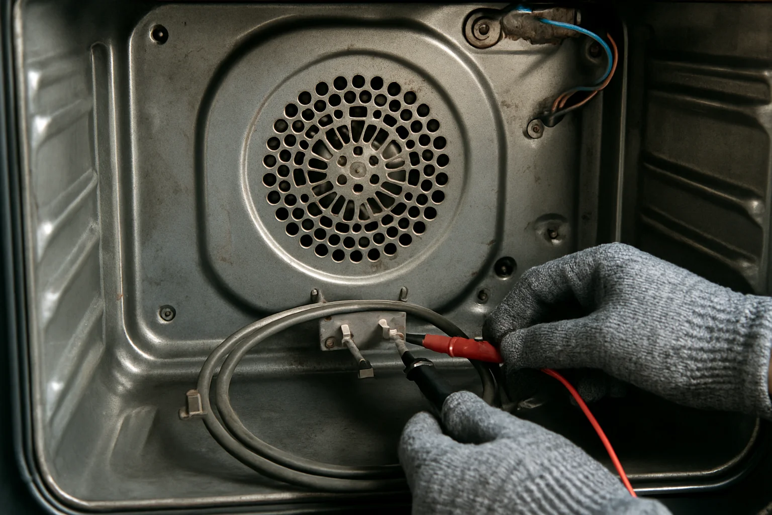 Gros plan sur la résistance circulaire du four, testée avec les pointes d’un multimètre par des mains gantées.