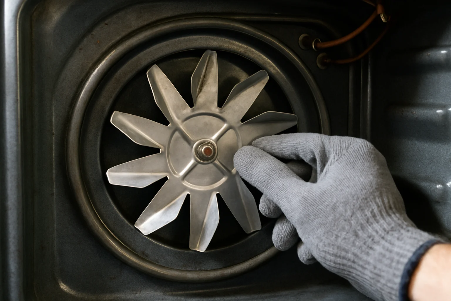 La turbine située à l’arrière du four est contrôlée par des mains gantées qui font tourner les pales.