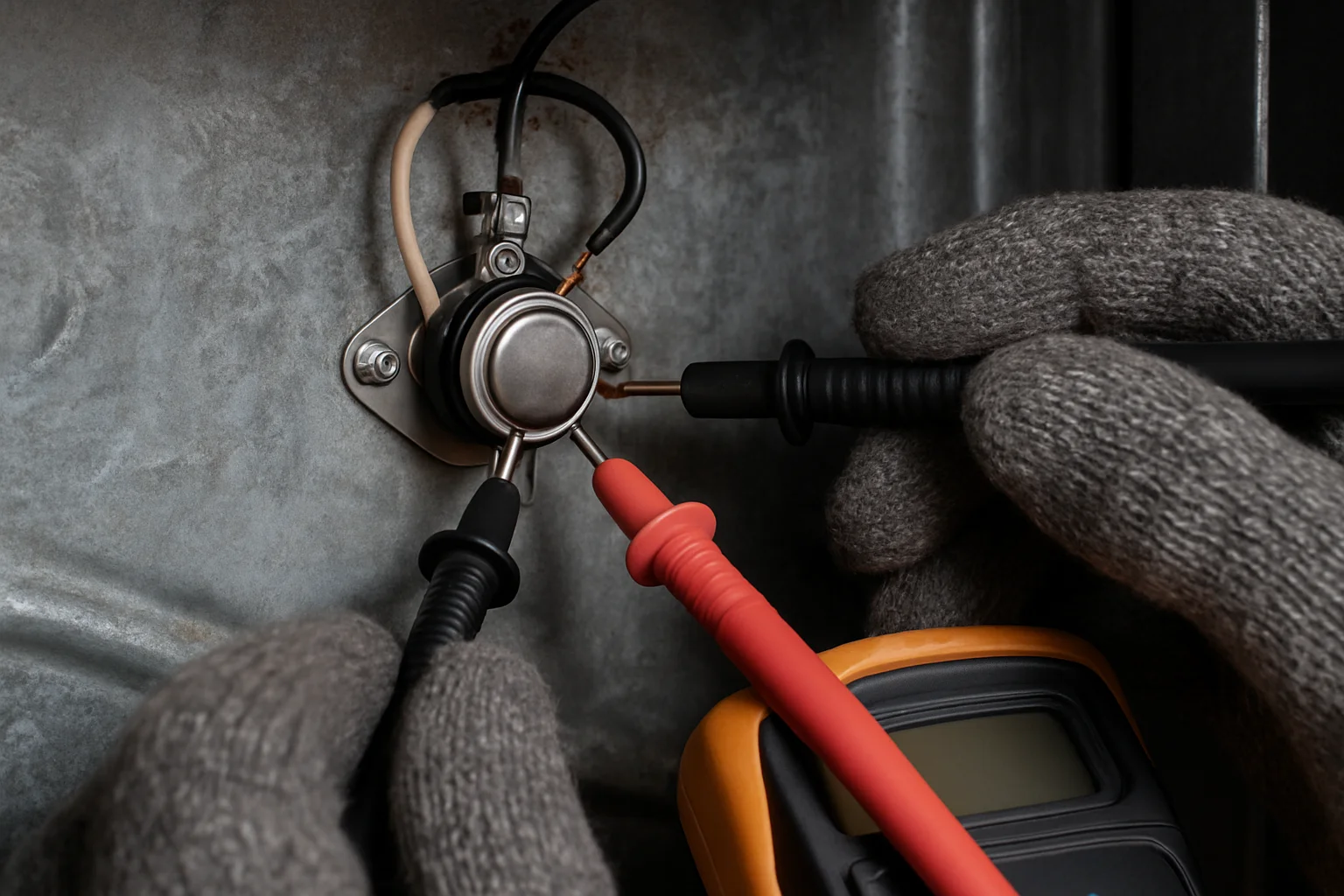 Le thermostat de sécurité du four est contrôlé avec un multimètre par des mains gantées.