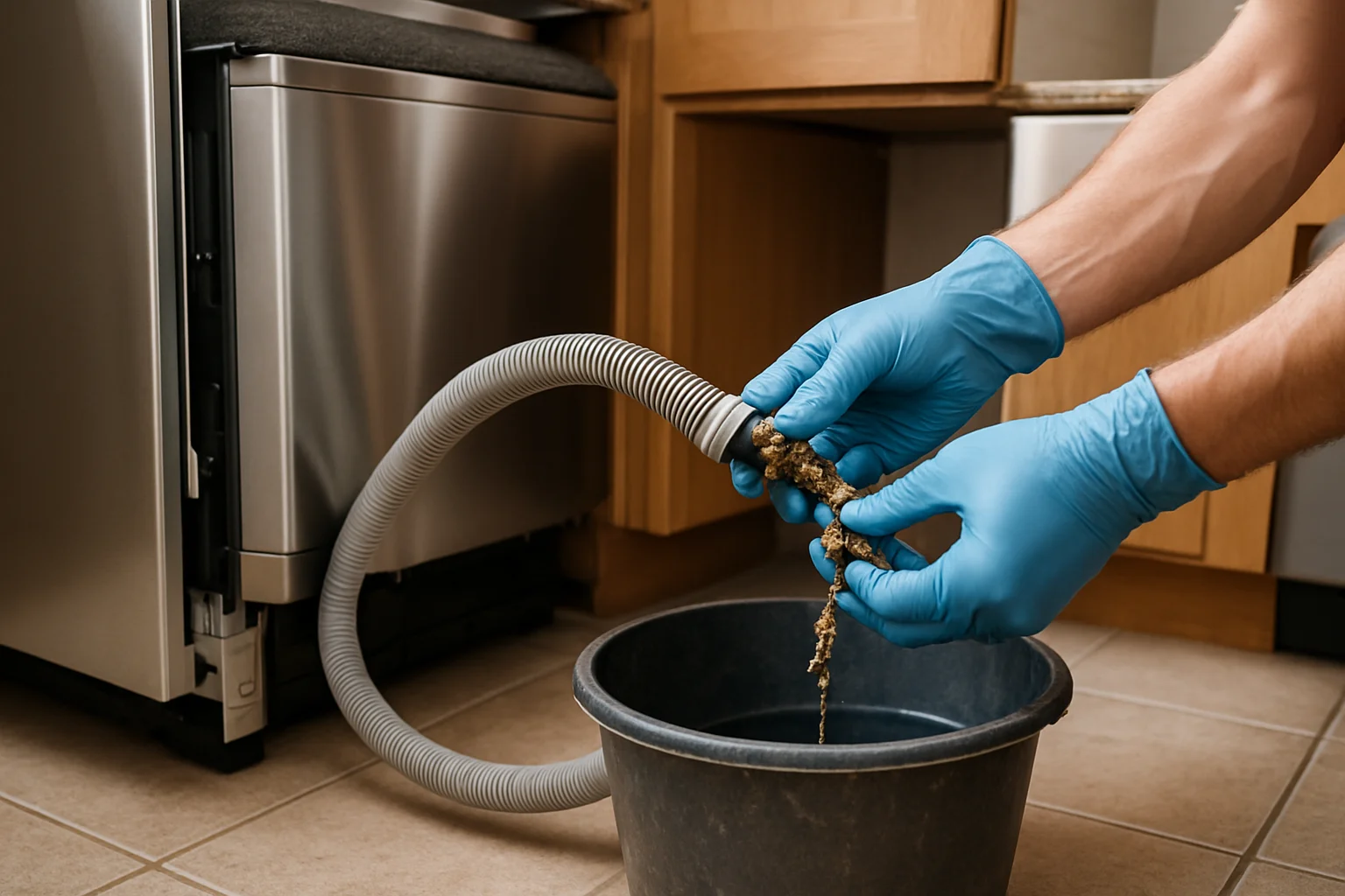 Un lave-vaisselle partiellement sorti de son emplacement, avec la durite de vidange débranchée et débouchée au-dessus d’un seau par des mains gantées.