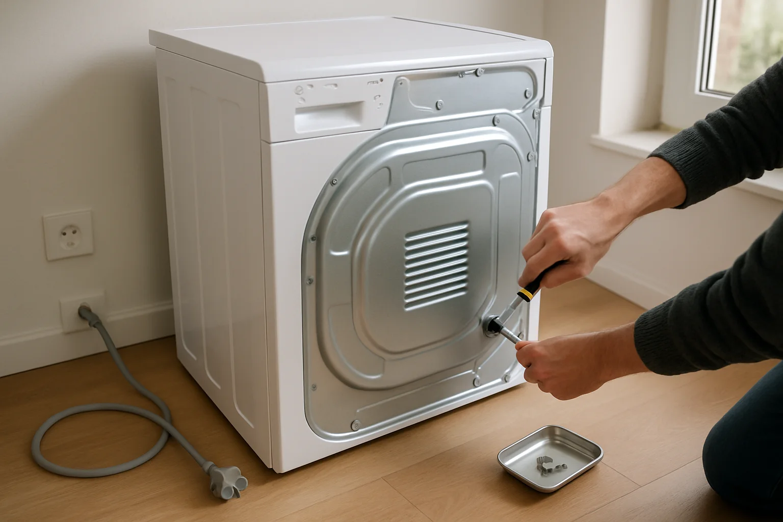 Un sèche-linge à condensation débranché, avec des mains retirant le panneau arrière au tournevis et des vis posées dans un petit récipient.