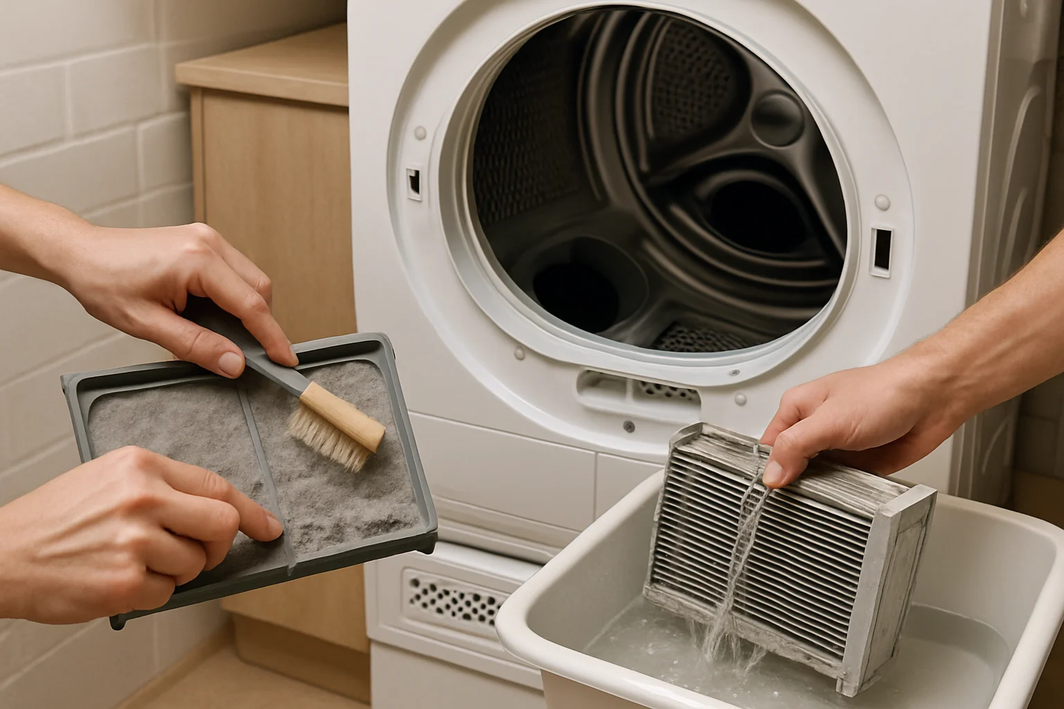 Les filtres, le condenseur et les conduits d’un sèche-linge sont nettoyés, avec peluches retirées et condenseur rincé.