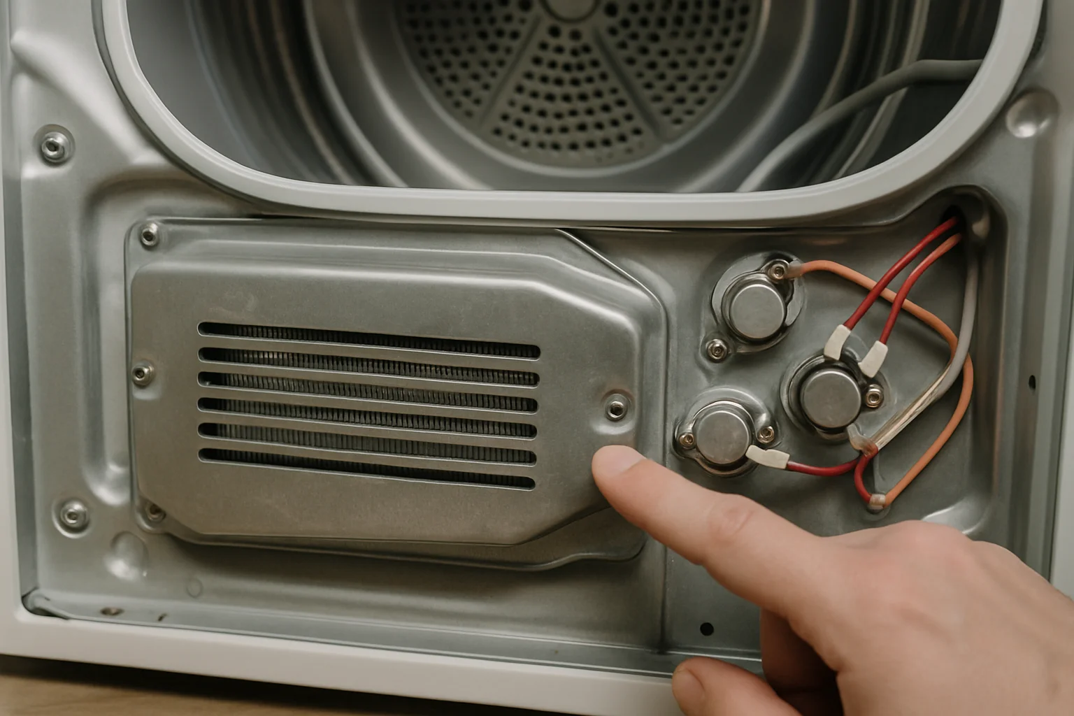Vue intérieure du sèche-linge ouvert, montrant la résistance et les thermostats de sécurité repérés près du bloc chauffant.