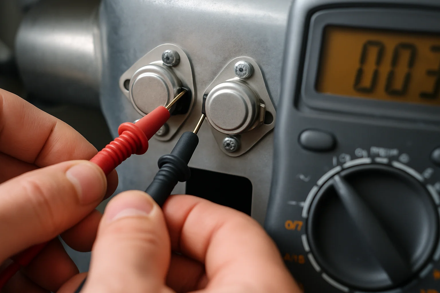 Les thermostats de sécurité du sèche-linge sont testés au multimètre, avec les bornes touchées par les pointes de mesure.