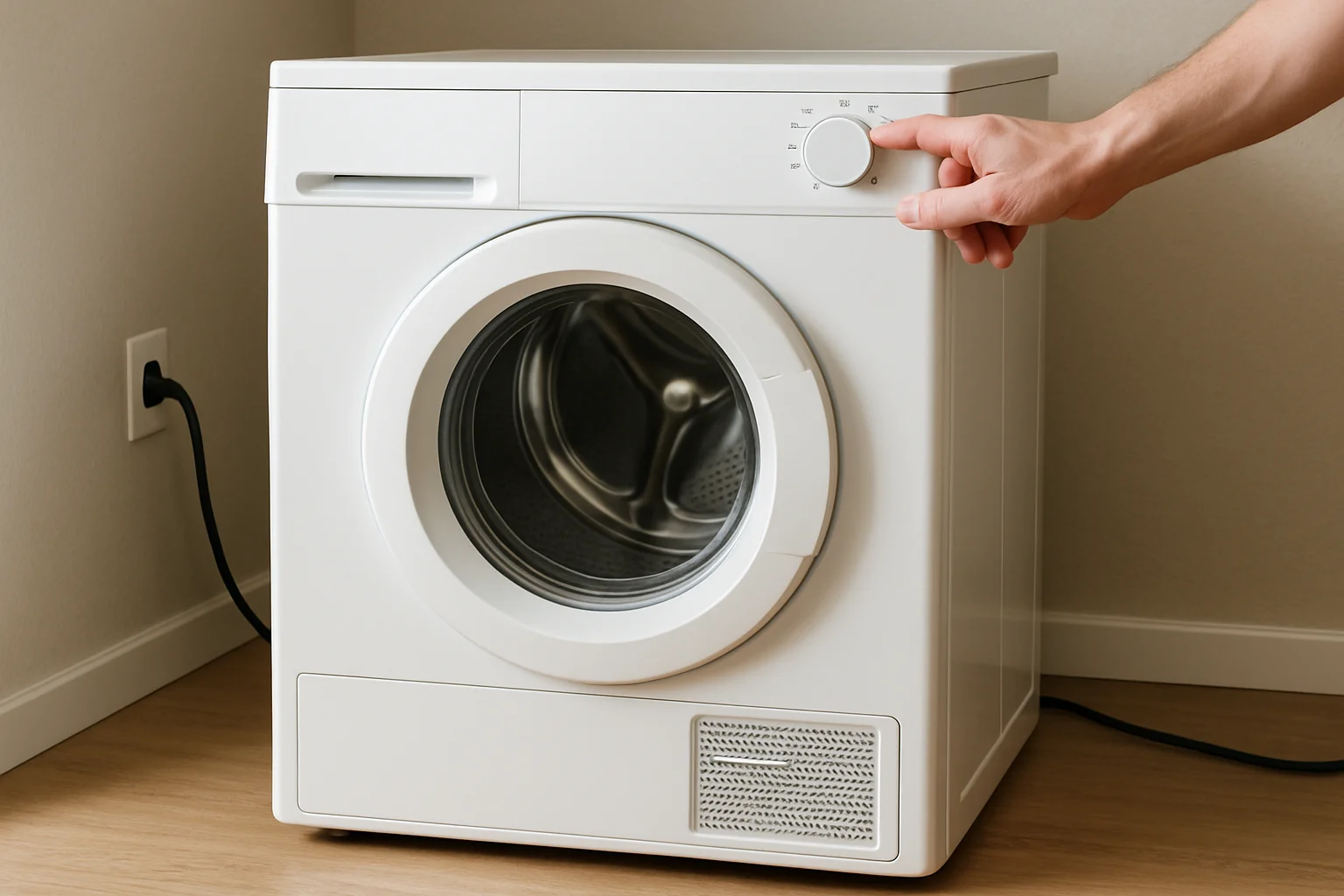 Le sèche-linge est remonté et remis en marche pour essayer un cycle après réparation.