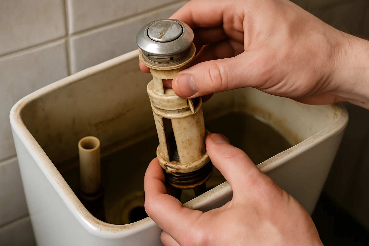 Démontage de l’ancien bouton et du mécanisme de chasse dans un réservoir de toilettes ouvert.