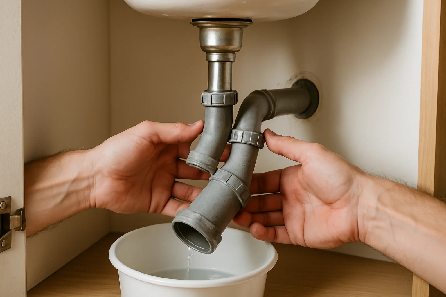 Sous un évier, des mains retirent l’ancien siphon PVC au-dessus d’un petit seau pour éviter de renverser l’eau restante.