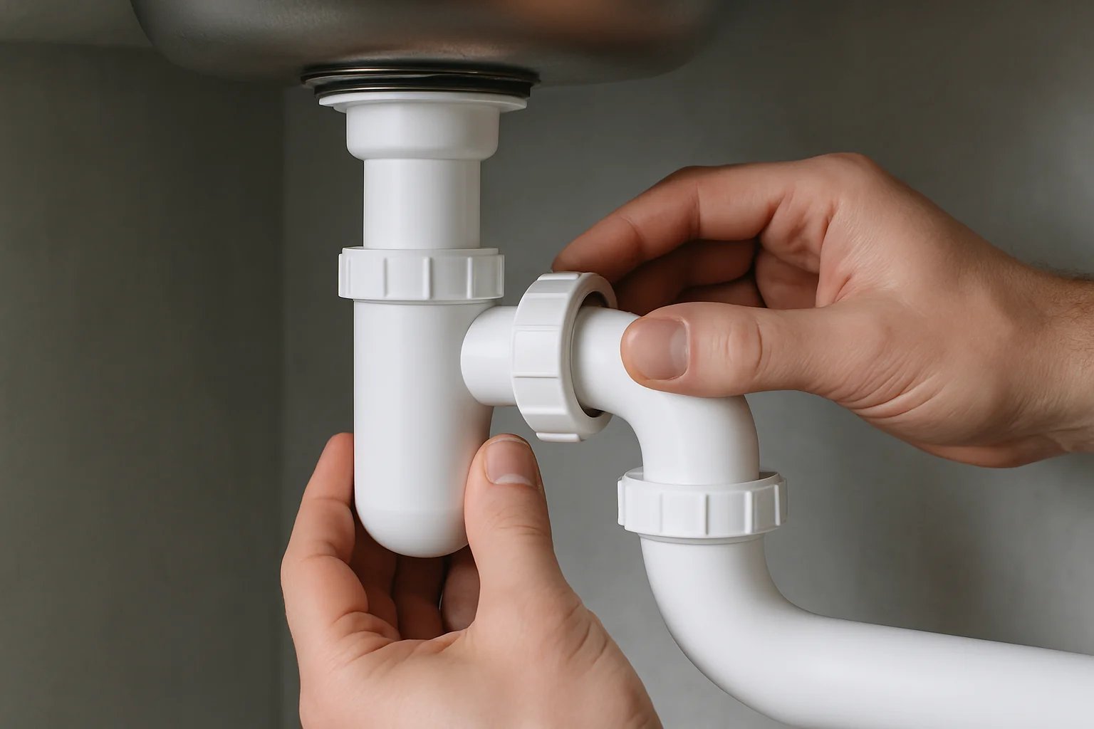 Sous l’évier, un nouveau siphon PVC est positionné côté bonde pendant que les raccords sont alignés pour le montage.