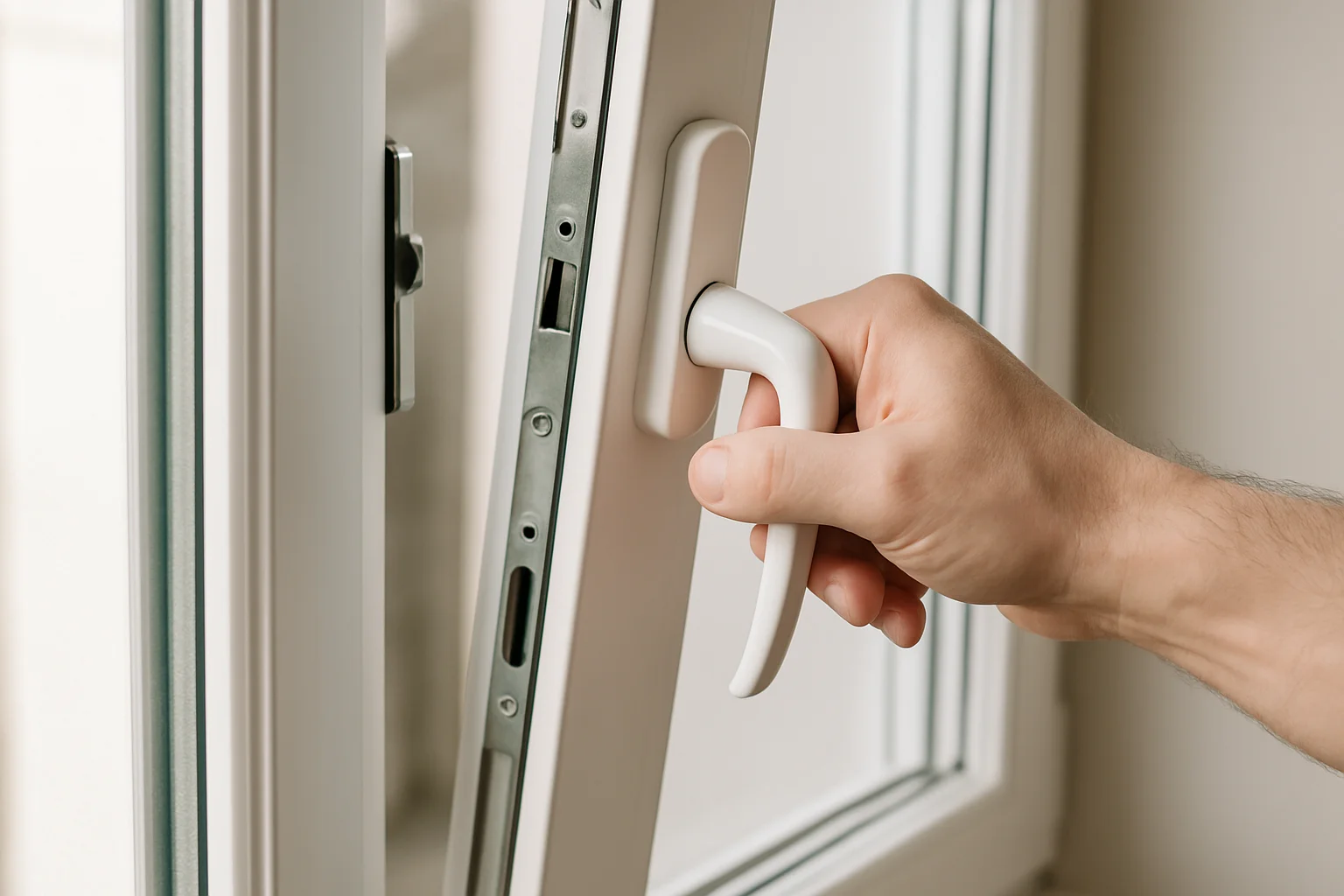 Test de la poignée et du mécanisme d’ouverture et de verrouillage d’une porte-fenêtre PVC réparée.