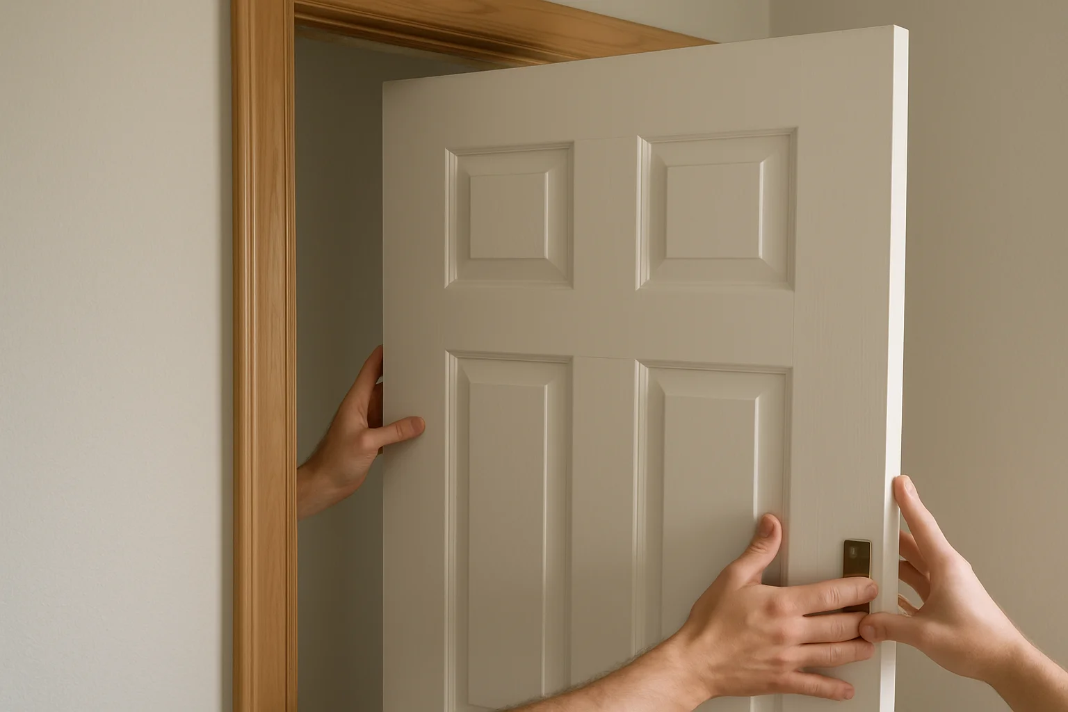 Des mains testent l’ouverture et la fermeture d’une porte intérieure reposée dans son cadre.