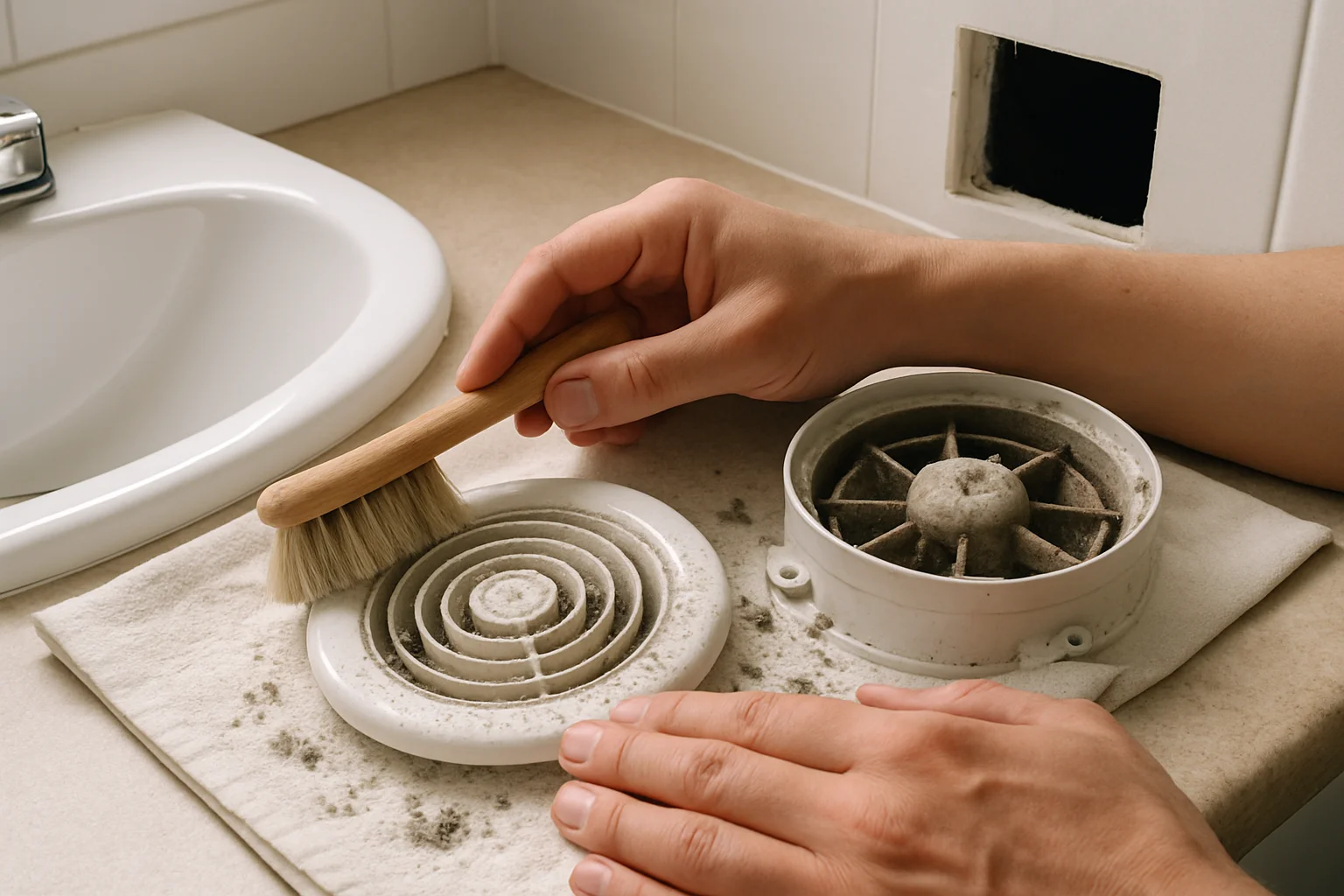 Des mains nettoient des éléments démontés d’une bouche d’extraction ronde posés sur un chiffon près d’un lavabo, avec l’ouverture au plafond visible dans une salle de bain.