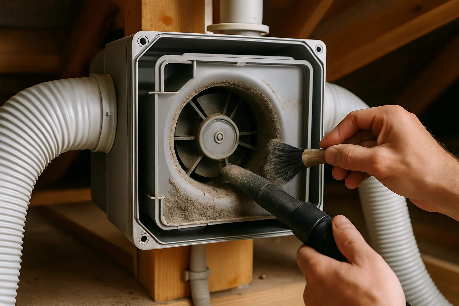 Un caisson de VMC simple flux ouvert est nettoyé délicatement à l’intérieur avec une brosse douce et un embout d’aspiration, dans un espace technique.